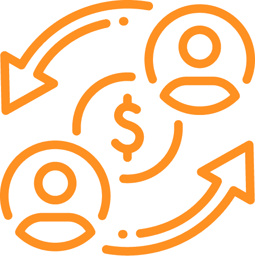 "Icon showing two user profiles with circular arrows and a dollar sign in the center, symbolizing financial transactions or exchanges."