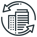 "Icon of a building with circular arrows around it, symbolizing business or property renewal and adaptation."