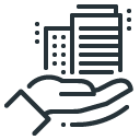 "Icon of a hand holding a building with a document, symbolizing property or business management."